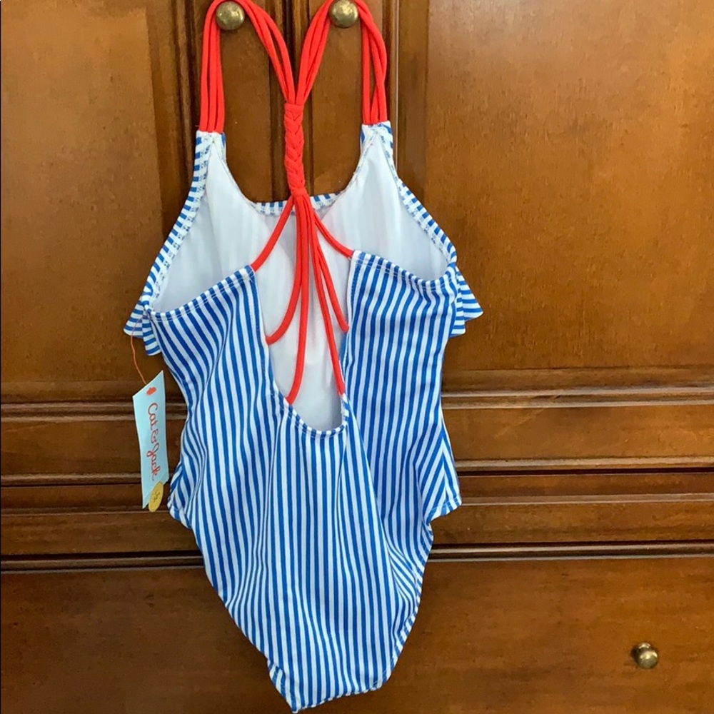 NWT Cat & Jack bathing suit szM blue stripe cherry - Picture 2 of 3